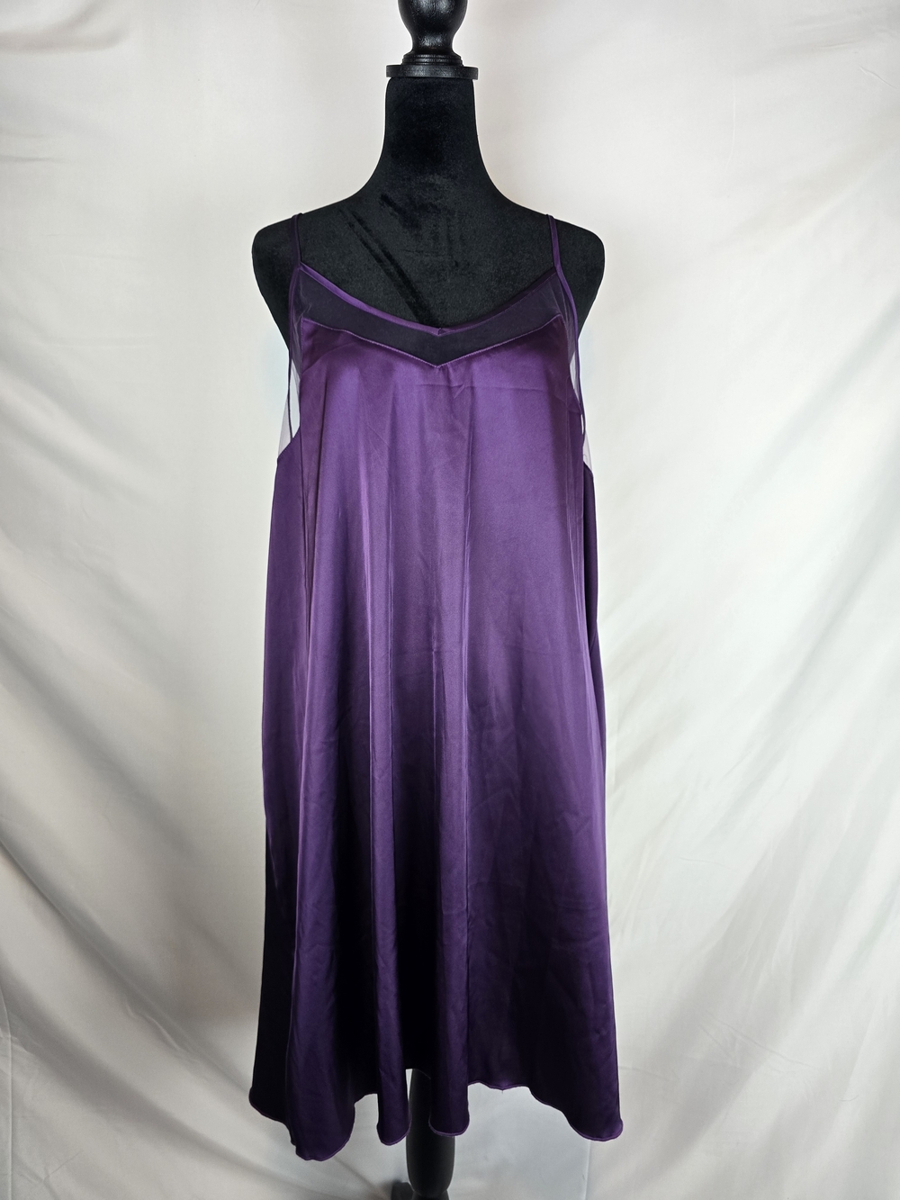 Satin V-Neck Purple Slip Chemise with Sheer Trim